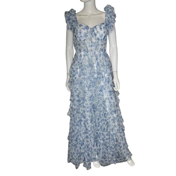 City Studios Juniors' Ruffled Off-The-Shoulder Corset Gown White/Navy Sz 13/14 - Picture 3 of 11